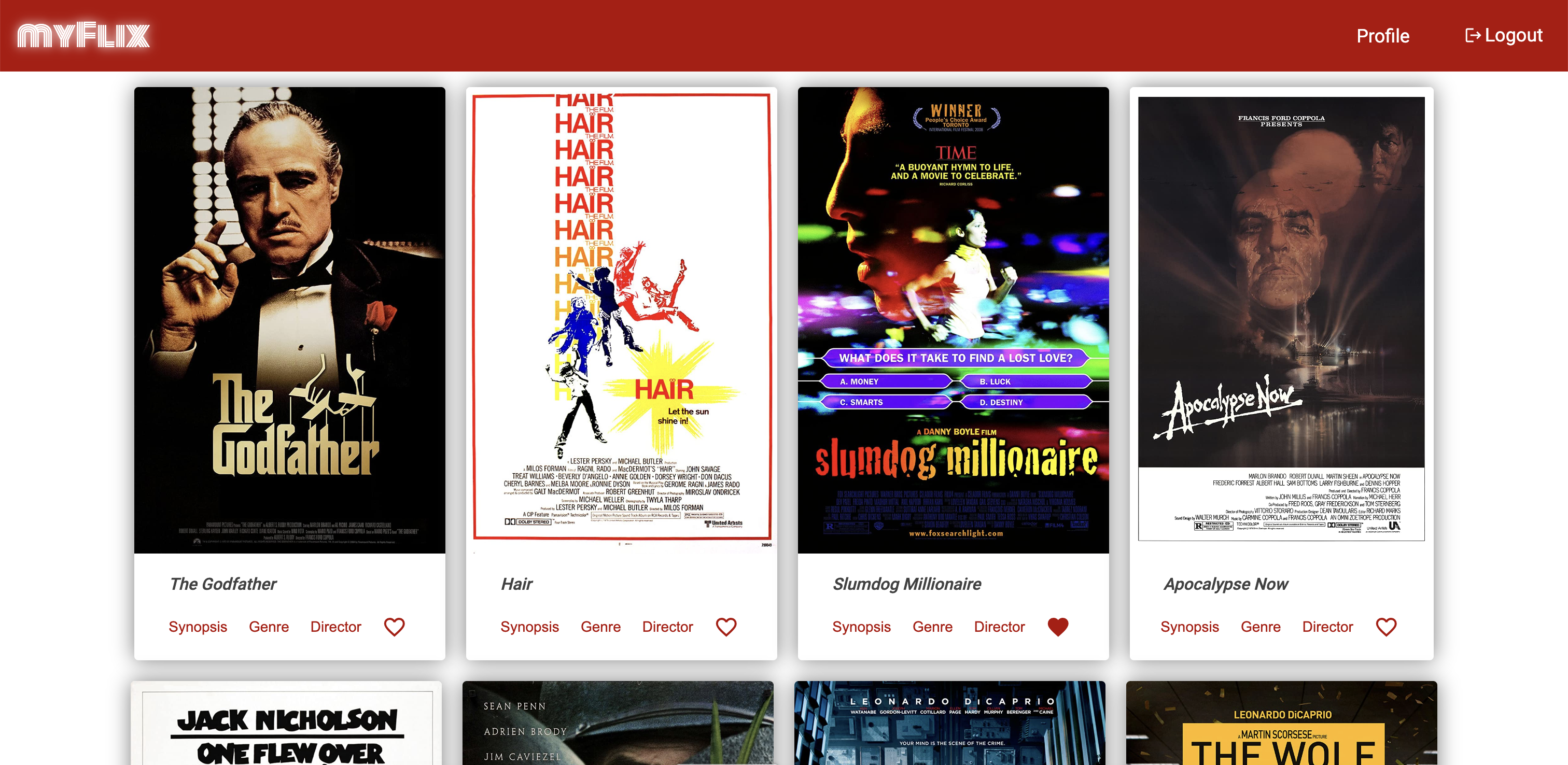 Screenshot from the myFlix Angular Client.